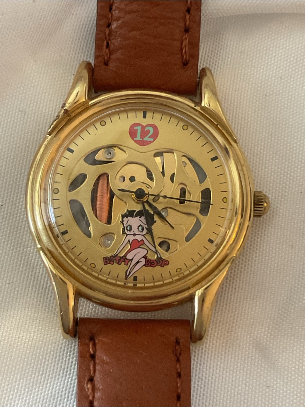 Betty Boop Gold Tone Mechanical Watch with Brown Leather Strap Never Used